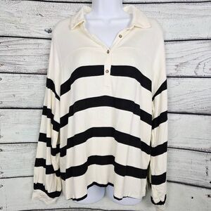 Maurices Ivory Black Striped Collared Button Top L